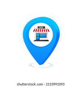 Banner plano con ubicación de alfiler de tienda. Ilustración vectorial. Diseño de banderas vectoriales de venta de viajes