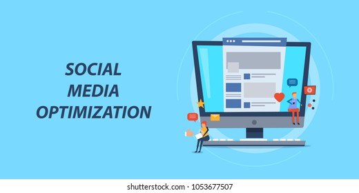 Flat banner of Social media optimization , marketing, post and advertising vector with icons and characters