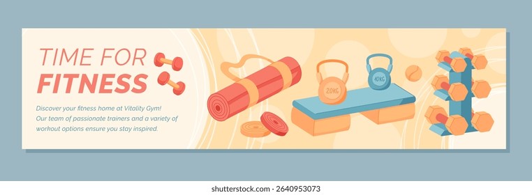 Flat banner of sport and fitness equipment. Dumbbell, kettlebell, and yoga mat for workout training. Banner design for gym healthy lifestyle concepts with a colorful background in modern style.