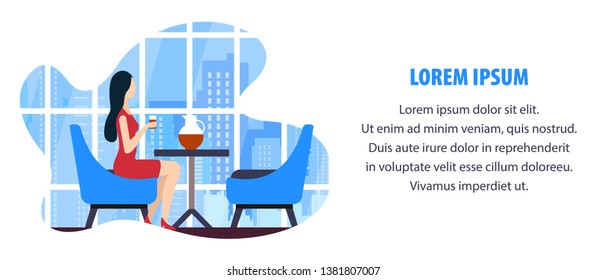 Flat Banner Startup Community Coworking Cartoon. Coworking Benefits Infrastructure and Economy. View City from Panoramic Window. Girl Sits at Table and Looks at City through Window.