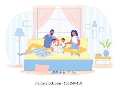 Flat Banner, Strengthening Family Relationships. Mom and Dad Lie in Bed with Children and Read them Bedtime Story. By Bed in Parents Bedroom Slippers different Sizes for all Family Members.