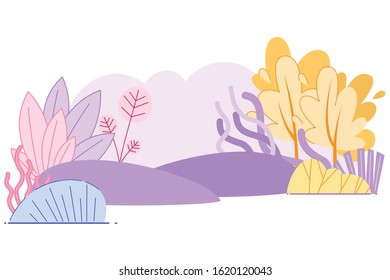 Flat Banner Surrounding Natural Landscape, Slide. Shrubs and Grasses Improve Condition Soil and Saturate it With Oxygen. Bright Nature Plants on White Background. Vector Illustration.