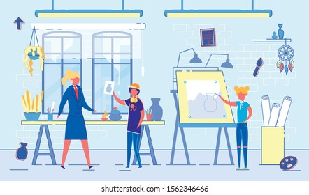 Flat Banner Teaching Children Art in School Class.