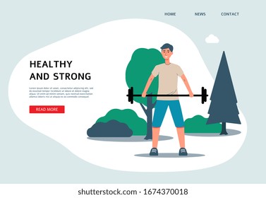 Flat banner template with cartoon man lifting weights in summer nature - sport website landing page with athlete guy holding gym barbell. Vector illustration.