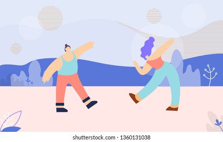 Flat Banner Template with Dancing Cartoon Multi Ethnic Caucasian and Asian Man Woman. Disco Party Festival Marathon Vector Illustration. Clubbing Couple Enjoying Dance over Floral Style
