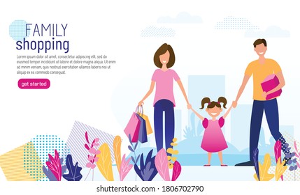Flat banner template for online store. Happy family with shopping, mom, dad, daughter.