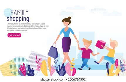 Plantilla de banner plano para tienda en línea. Feliz madre comprando con sus hijos.
