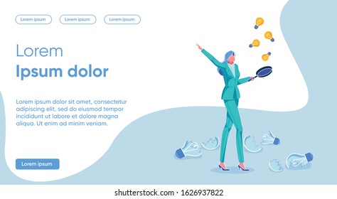 Flat Banner Testing Ideas in Practice, Cartoon. Stylish Woman in Business Suit throws up Glowing Light Bulbs in Pan. Broken Light Bulbs are Lying on Floor, Slide. Vector Illustration.