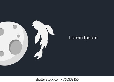 Flat banner with text, space moon and carp, fish, swims, vector illustration, blue, dark, white, gray