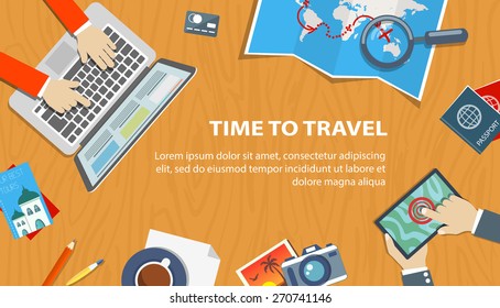 Flat banner of travel planning. Desktop with obiects and hands. Eps10