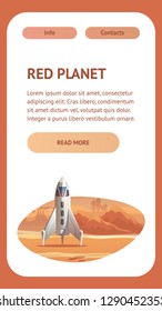 Flat Banner Vector Spaceship on Red Planet Surface. Illustration Shuttle Long Flight for Delivery Astronauts to Mars. Colonization New World. Conquest Outer Space, Exploration. Scientific Discovery