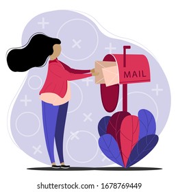 Flat Banner Waiting For Mail Vector Illustration. Girl In Casual Clothes Opens Mailbox. There Are Letters In The Mailbox. Communication Without Use Modern Technology. Open Letter.