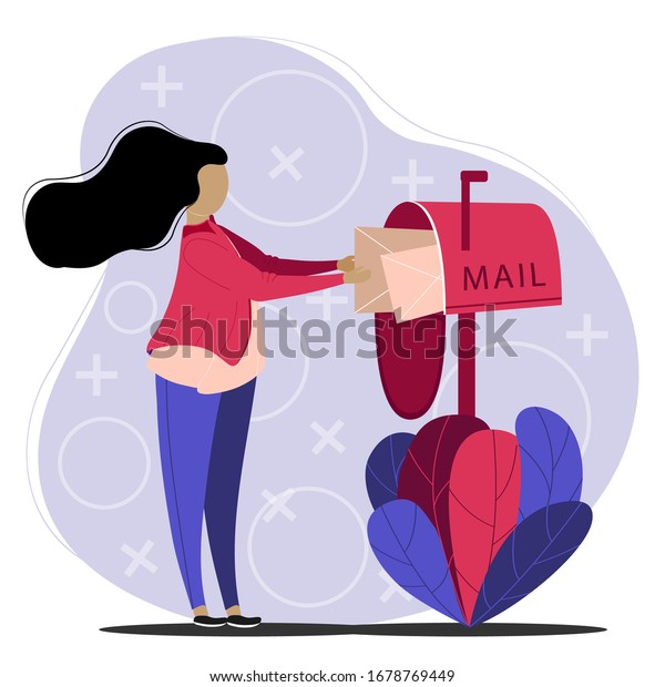 メールのベクター画像イラストを待つ フラットバナー 普段着の女の子が郵便受けを開く 郵便受けに手紙が入っている 現代の技術を使わないコミュニケーション 開いた文字 のベクター画像素材 ロイヤリティ フリー