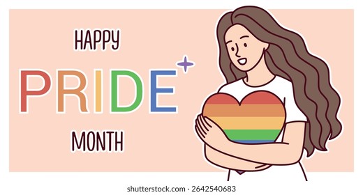 Flat banner with woman hugging rainbow heart and Happy Pride Month text, representing LGBT support and love