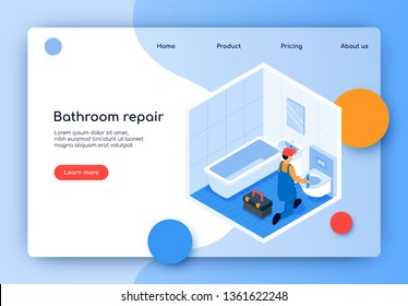 Flat Banner is Written Bathroom Repair Isometric. Modern Repair Work in Bathroom. Qualified Male Specialist on Plumbing Fixes Breakage in Toilet or Cistern. View from above Landing Page.
