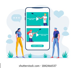 Flat Banner Written Become a Blogger Right now. Guy and Girl are Looking at Big Screen Smartphone. Video Shows how to Shoot Blog on Phone. Man and Woman are Filming Themselves on Video Phone.