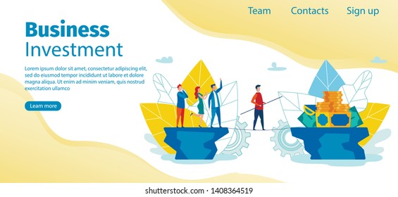 Flat Banner is Written Business Investment Vector. Man Walks by Tightrope to Financial Goal. Staff Man and Woman are Supported by Words Risk Taker. Cartoon Illustration Landing Page.