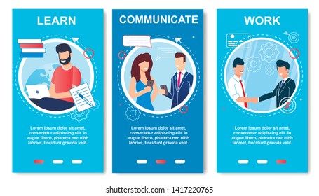 Flat Banner Written Learn, Work, Communicate. Guy with Beard is Studying Remotely at Universities World. People Communicate Through Mobile Internet. Man got Job and Rejoices. Vector Illustration.