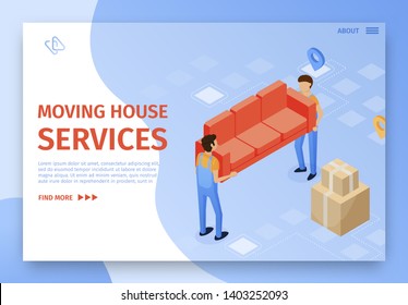 Flat Banner is Written Moving House Services. Strong Men Uniform Carry Sofa and Box. Arrival Movers, Assemblers, Furniture Disassembly and Packaging. Vector Illustration Landing Page. 