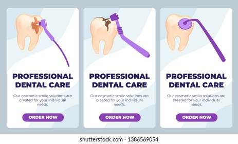 Flat Banner is Written Professional Dental Care. Thorough Daily Oral Hygiene. Removal Tartar, Tooth Filling and Caries Prevention. Vector Illustration Landing Page. Interdental Brush.