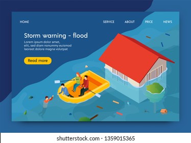 Flat Banner is Written Storm Warning Flood 3d. Men and Women Float on Flooded Streets. People Save Drowning Man From Flooding. House Flooded with Water. Vector Illustration Landing Page.