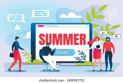 Flat Banner is Written Summer Vector Illustration. On Screen Electronic Device Inscription Summer and Start Button. Men and Women Discuss Upcoming Season. Leisure and Vacation Resort