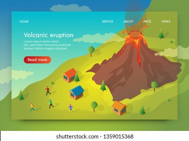 Flat Banner is Written Volcanik Eruption Isometric. People Flee their Homes to Escape Volcanic Eruption. Settlement People Located Near Volcano.  Dangerous Zone Active Volcano Eruption.