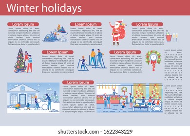 Flat Banner Written Winter Holidays, Cartoon. Parents with Children make Snowman Near their Home. Large Family came Together to Celebrate Winter Holidays. Clock is Decorated with New Year'S Decor.