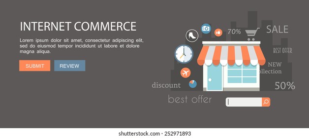 Flat banner.Internet commerce illustration with online shop. Eps10