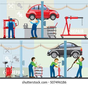 Flat banners depicting of car service station. Car mechanics are repairing cars that raised on the lift. Vector illustration