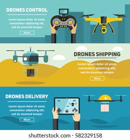 Flat banners with drones, multicopters and remote control. Vector illustration