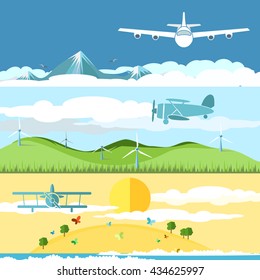 Flat banners set vector with airplanes and landscape