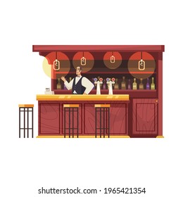 Flat bar counter and happy barman vector illustration