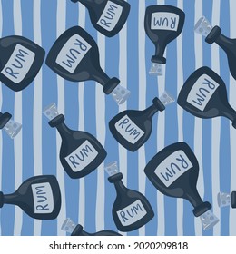 Flat bar seamless pattern with random rum bottle ornament. Blue striped background. Doodle style. Designed for fabric design, textile print, wrapping, cover. Vector illustration.
