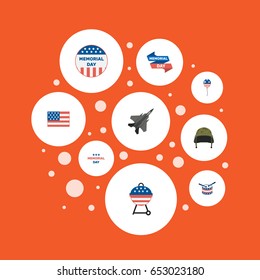 Flat Barbecue, Aircraft, Decoration And Other Vector Elements. Set Of Memorial Flat Symbols Also Includes Barbecue, Plane, Headgear Objects.