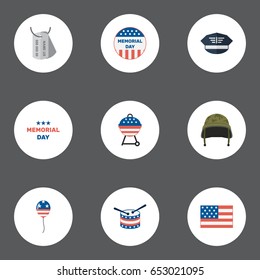 Flat Barbecue, American Banner, Holiday And Other Vector Elements. Set Of History Flat Symbols Also Includes Bbq, Instrument, Helmet Objects.