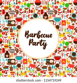 Flat Barbecue Party Greeting. Vector Illustration BBQ Grill Poster with Handwritten Lettering.