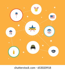 Flat Barbecue, Soldier Helmet, Decoration And Other Vector Elements. Set Of Day Flat Symbols Also Includes Military, Balloon, Usa Objects.