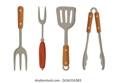 Flat barbecue tools clipart including fork, spatula and tongs with wooden handles on white background.