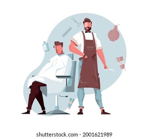 Flat barbershop composition with flat characters of bearded barber and male client vector illustration