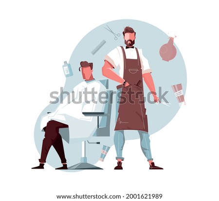 Flat barbershop composition with flat characters of bearded barber and male client vector illustration