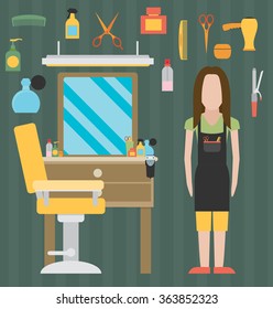 Flat barbershop. Interior and equipment icons. Vector illustration