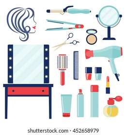 Flat barbershop. Interior and equipment icons. barber and hairdresser related. Vector illustration