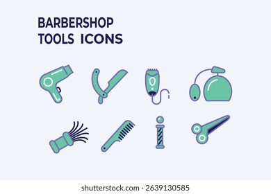 Flat barbershop tools icon set in pastel style. Includes hair dryer, scissors, comb, trimmer, razor, and other grooming equipment. Suitable for mobile UI, web design, or infographic.