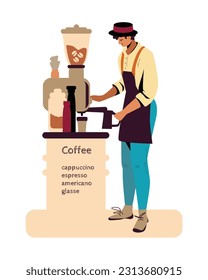 Flat barista makes coffee in coffee machine for customers at work. Professional coffee shop worker. Process of making coffee at cafe. Small business owner. Vector illustration