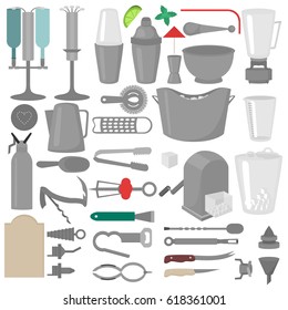 Flat Barman Mixing, Opening and Garnishing Tools. Bartender equipment Shaker, Opener, Mixing glasses. Ice Buckets, Bottle Pourers, Bar spoon. Isolated instrument icon vector illustration 