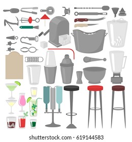 Flat Barman Mixing, Opening and Garnishing Tools. Bartender equipment Shaker, Opener, Mixing glasses. Ice Buckets, Bottle Pourers, Bar spoon. Isolated instrument icon