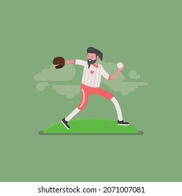 flat baseball player poses vector illustration on soft green background