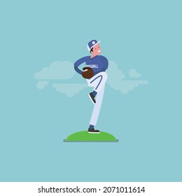 flat baseball player posing vector illustration and light blue background