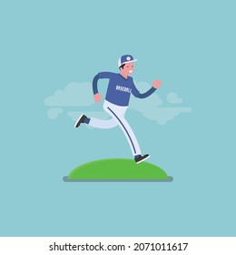 flat baseball player posing vector illustration and light blue background